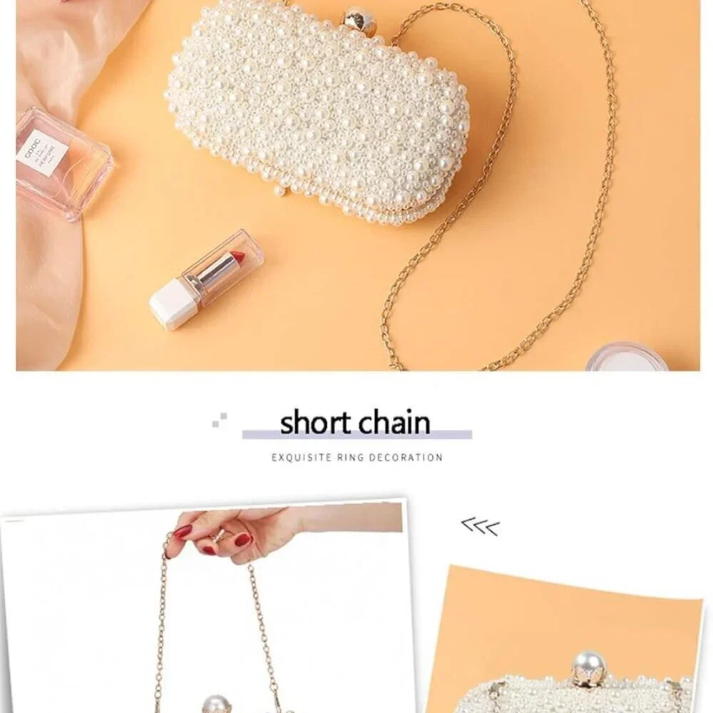 Women's Pearl Beaded Evening Clutch Bag Compact Bridal Prom Party Purse